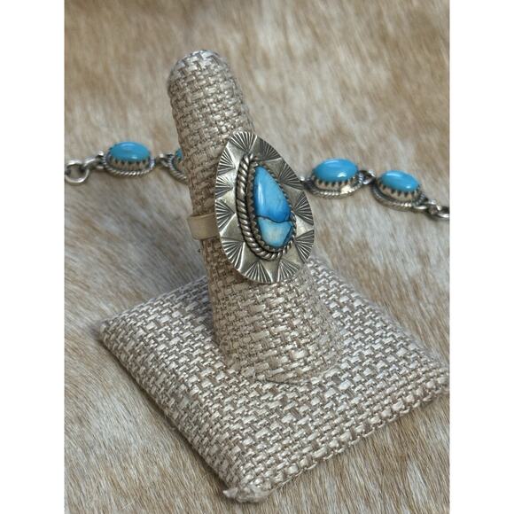 Native American SW Sterling Silver Blue Ice Dahlia Tear Drop Ring Adj🩵Stamped - Picture 5 of 10